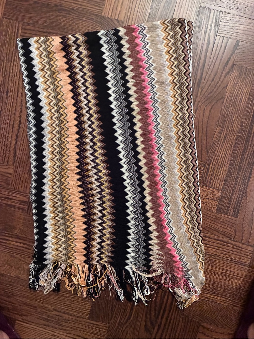 Missoni Multicolor Zigzag Knit Scarf in Black, Pink, Cream, Tan, Gold